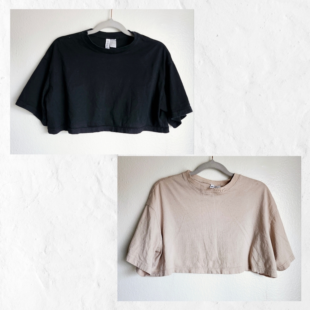 H&M Divided Cropped Tee 2-Pack Size S Black Beige Everyday Basics Minimalist